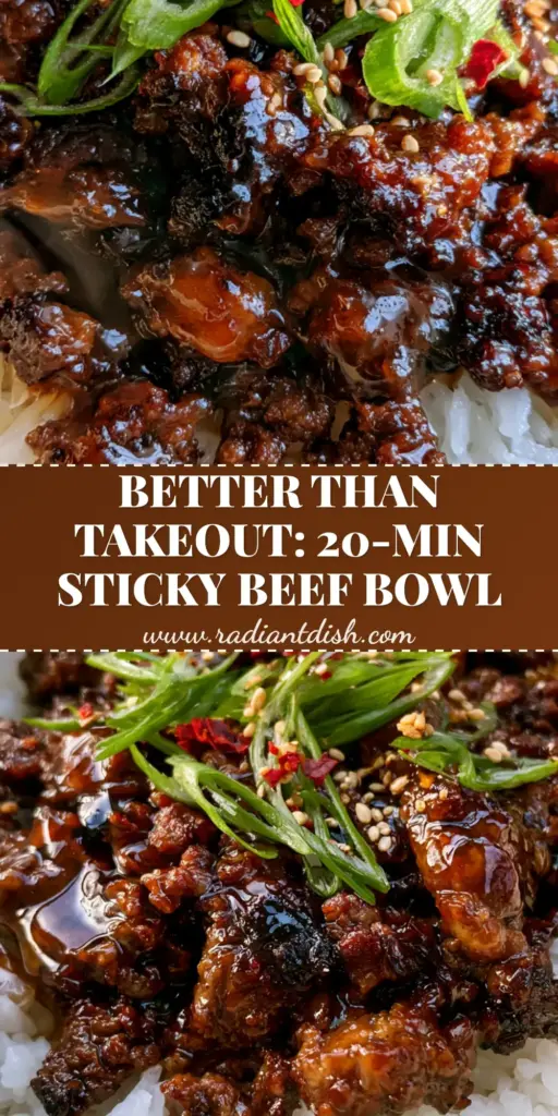 Honey Garlic Ground Beef Rice Bowl: The Ultimate 20-Minute Sticky Dinner 3 A vertical photo of a honey garlic ground beef rice bowl featuring glistening dark amber sauce, crispy beef crumbles, and fresh green onions over fluffy rice.