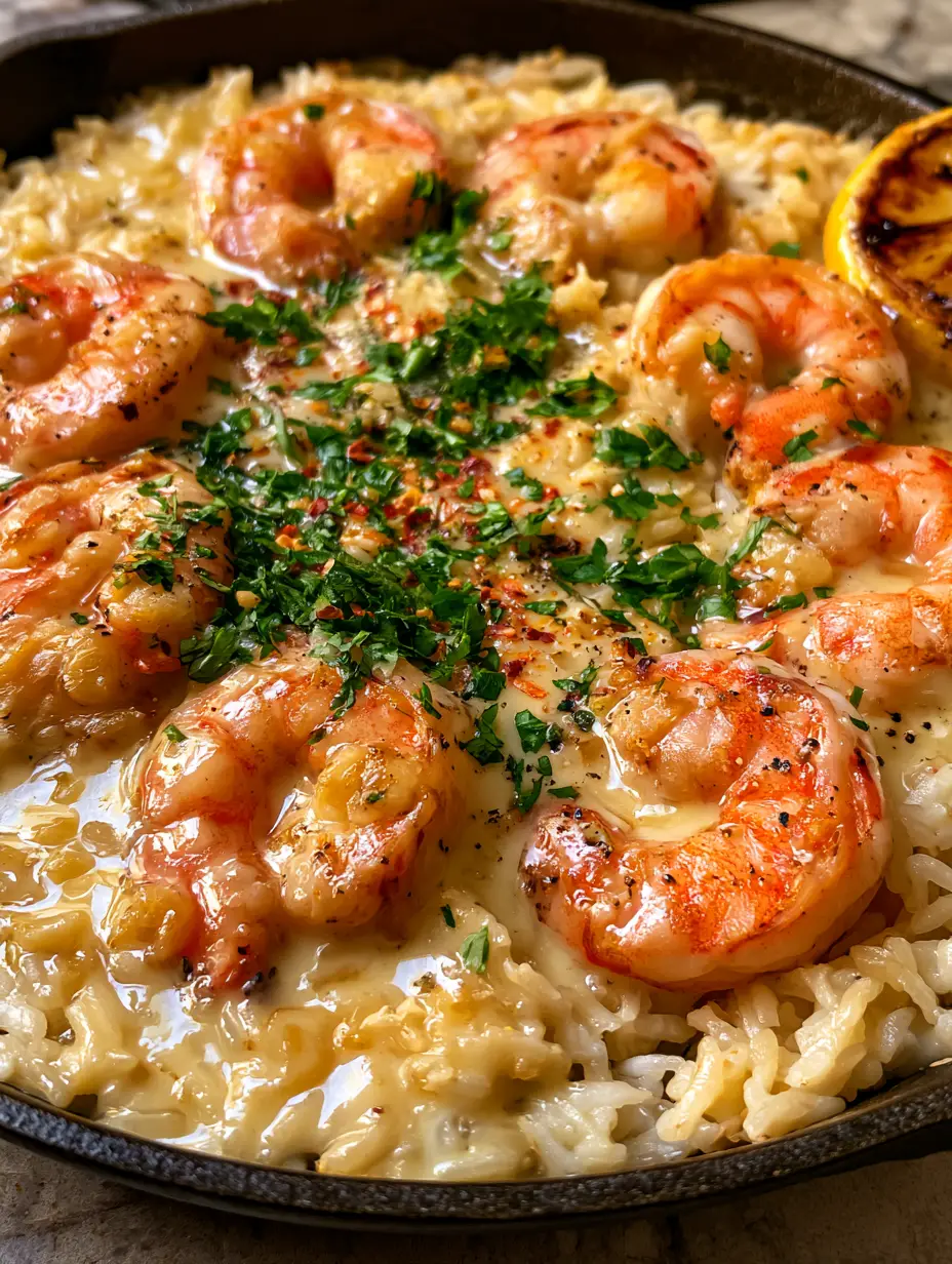 Creamy Garlic Butter Shrimp and Rice: The Ultimate One-Pan Comfort Meal 3 Extreme close-up of succulent seared shrimp on a bed of glistening jasmine rice in a garlic butter sauce. (Creamy Garlic Butter Shrimp and Rice)