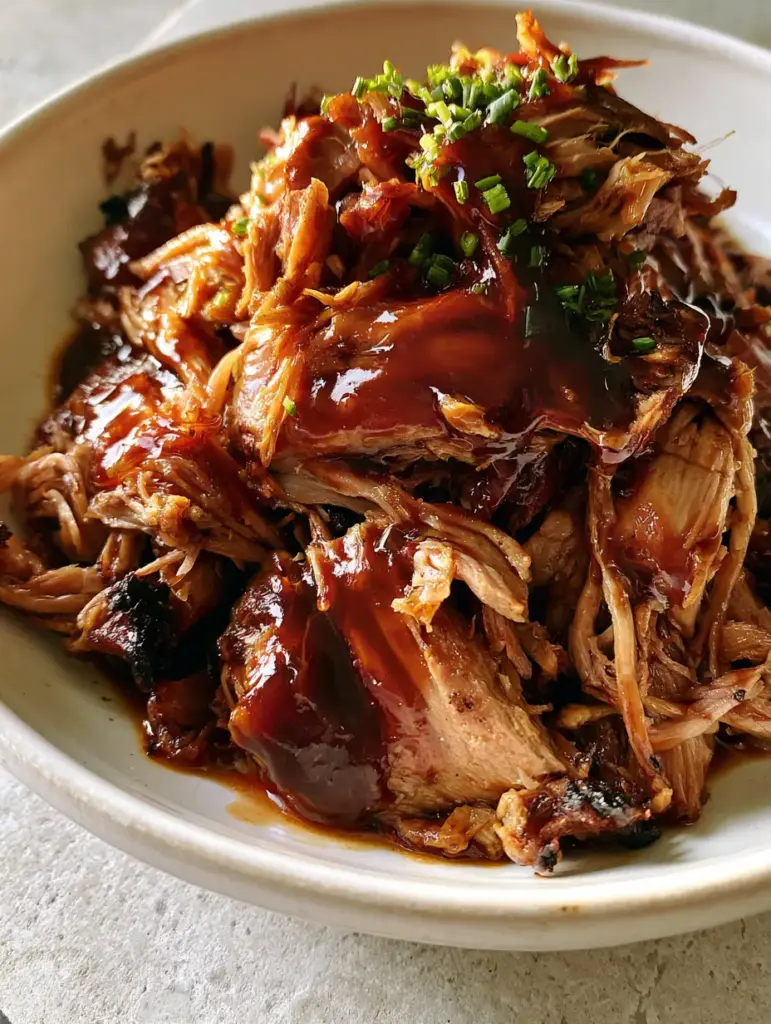 Dr Pepper Pulled Pork: The Ultimate Glossy Mahogany Slow Cooker Recipe 2 Extreme macro close-up of tender succulent meat fibers in Dr Pepper Pulled Pork with bright white highlights on the mahogany sauce.