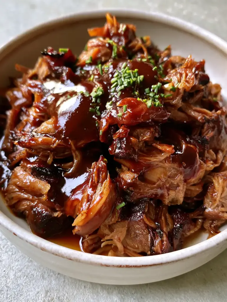Dr Pepper Pulled Pork: The Ultimate Glossy Mahogany Slow Cooker Recipe 1 Macro view of caramelized meat edges and charred bits of Dr Pepper Pulled Pork topped with finely chopped chives.