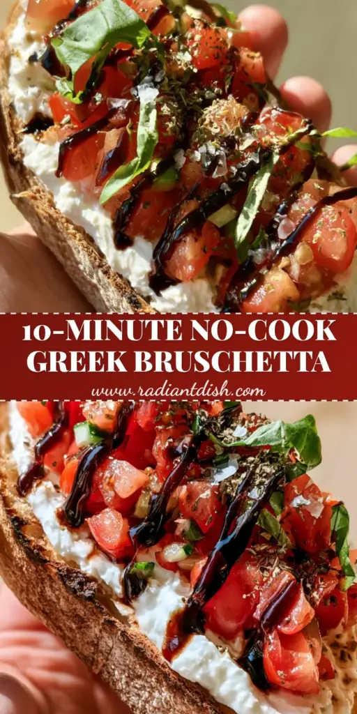 Greek Bruschetta with Whipped Feta and Balsamic Glaze 4 A hand holding a piece of Greek Bruschetta with whipped feta, diced tomatoes, cucumbers, and a balsamic drizzle.