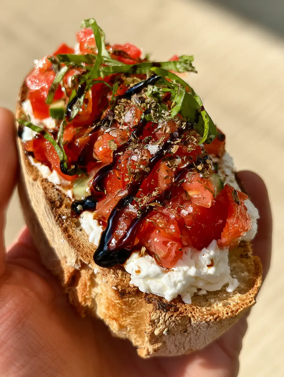 Greek Bruschetta with Whipped Feta and Balsamic Glaze 3 Close-up of toasted sourdough topped with plush whipped feta and vibrant Mediterranean vegetables. (Greek Bruschetta)