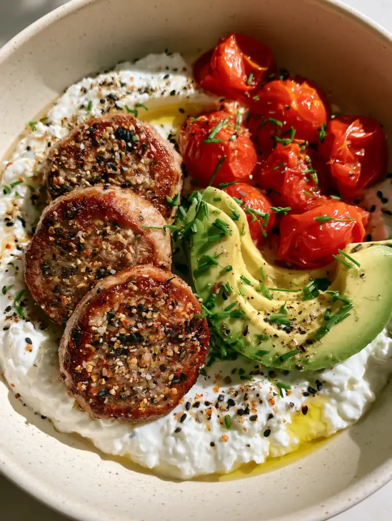 Extreme macro close-up of creamy whipped cottage cheese topped with everything bagel seasoning and micro-chives. (High protein breakfast ideas)