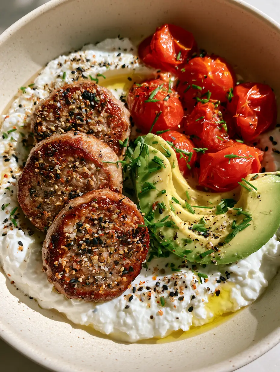 High protein breakfast ideas: The Ultimate Savory Whipped Cottage Cheese Bowl 4 Extreme macro close-up of creamy whipped cottage cheese topped with everything bagel seasoning and micro-chives. (High protein breakfast ideas)