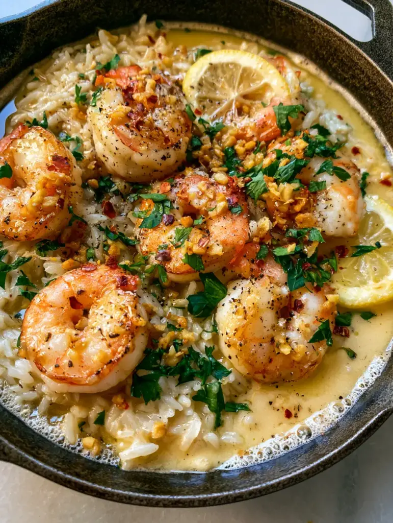 Garlic Butter Shrimp and Rice: The Ultimate One-Pan Skillet Meal 2 Close-up of seared jumbo shrimp and fluffy jasmine rice in a garlic butter sauce. (Garlic Butter Shrimp and Rice)