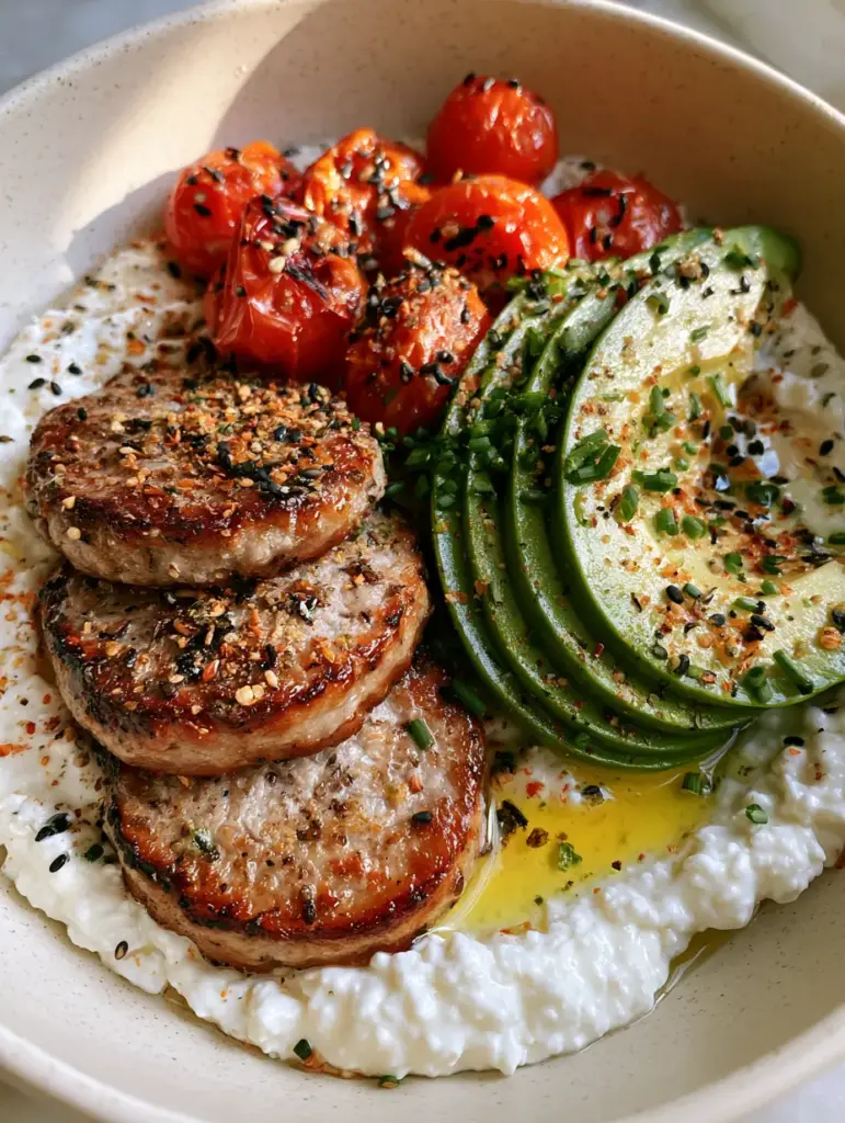 High protein breakfast ideas: The Ultimate Savory Whipped Cottage Cheese Bowl 1 Close-up of blistered cherry tomatoes and seared turkey sausage slices in a savory breakfast bowl.