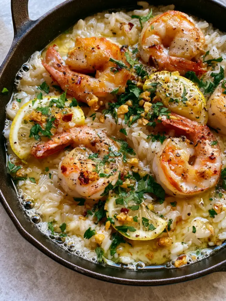 Garlic Butter Shrimp and Rice: The Ultimate One-Pan Skillet Meal 1 Rustic cast iron skillet with Garlic Butter Shrimp and Rice, lemon slices, and crushed red pepper flakes.