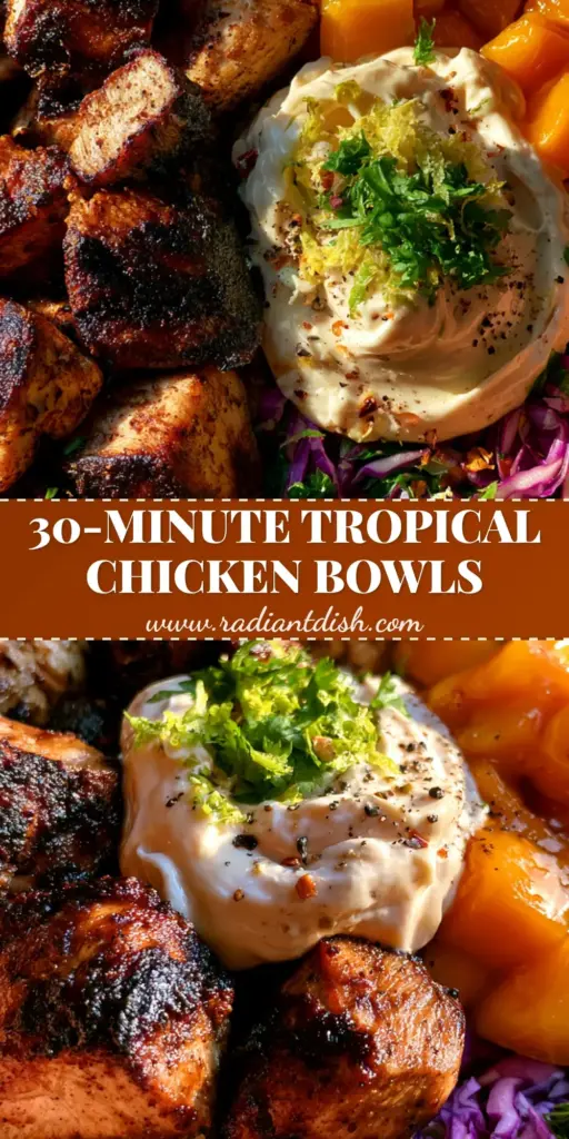 A macro shot of Jerk Chicken & Mango Slaw Bowls in a matte terracotta bowl with charred chicken, diced mango, and honey lime crema.