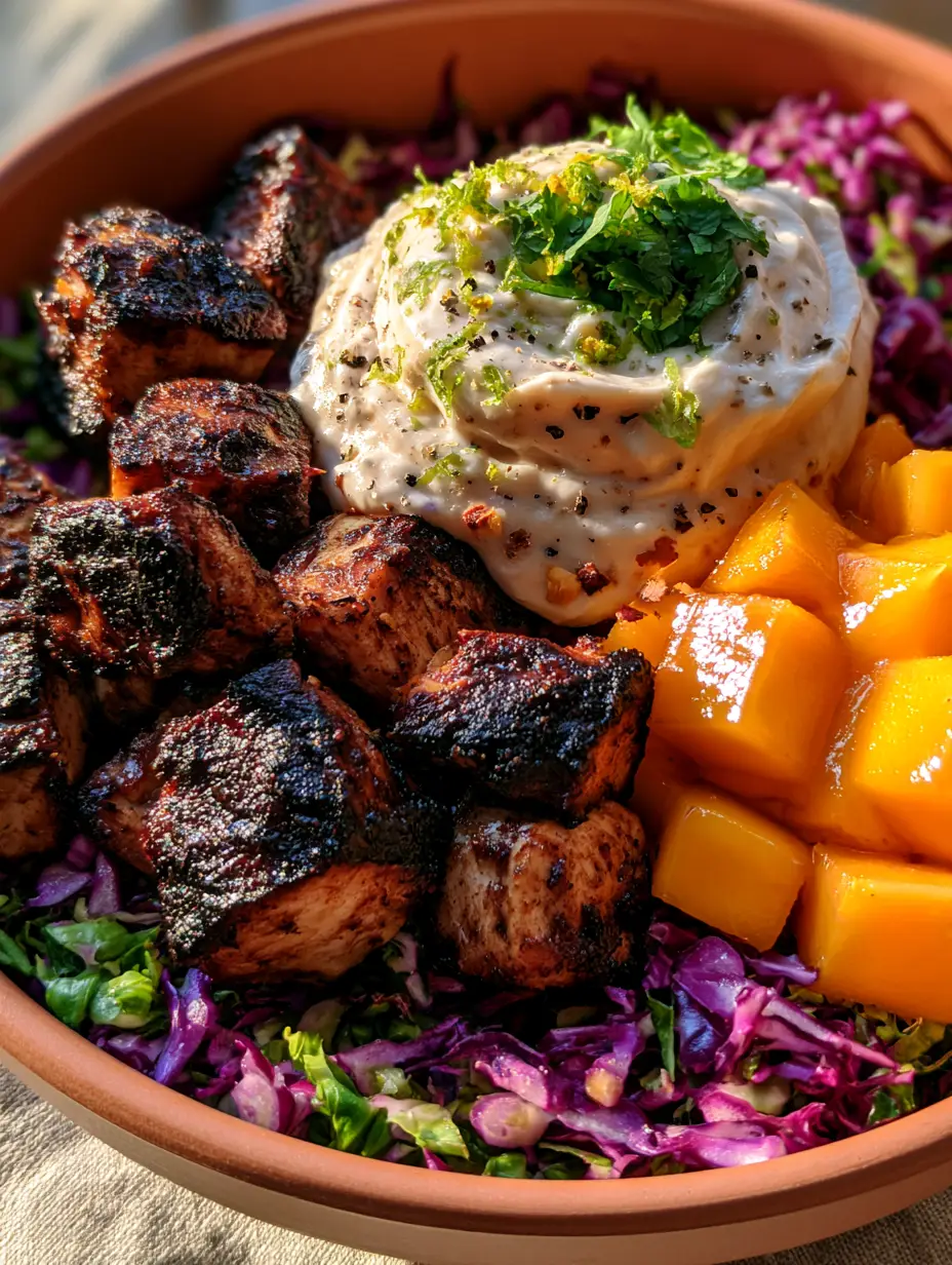 High-angle view of Jerk Chicken & Mango Slaw Bowls showing vibrant purple cabbage and glistening mango cubes.