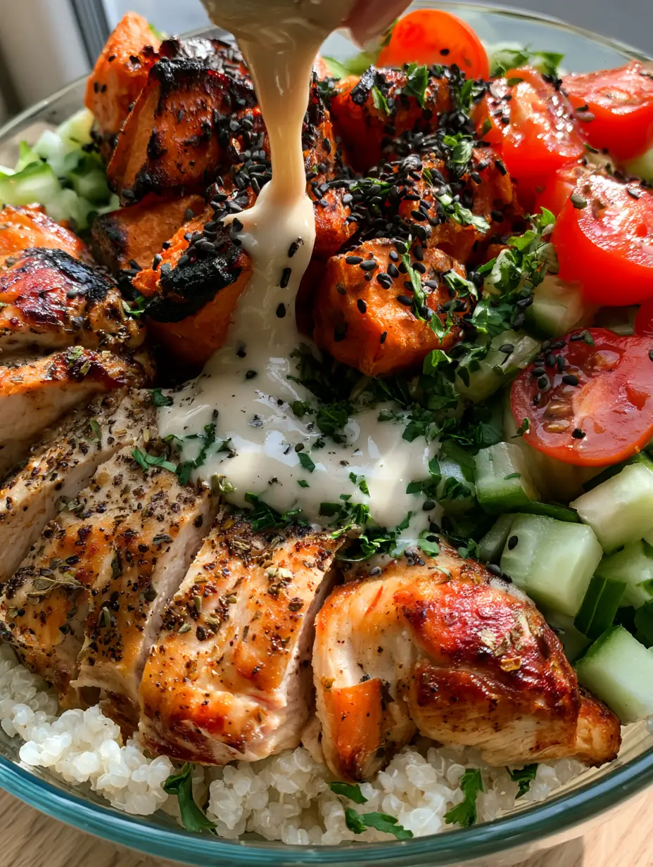 Food Prep Mastery: Seared Chicken and Sweet Potato Quinoa Bowls 3 Close-up of golden-brown seared chicken strips with visible oregano and cracked pepper. (food)