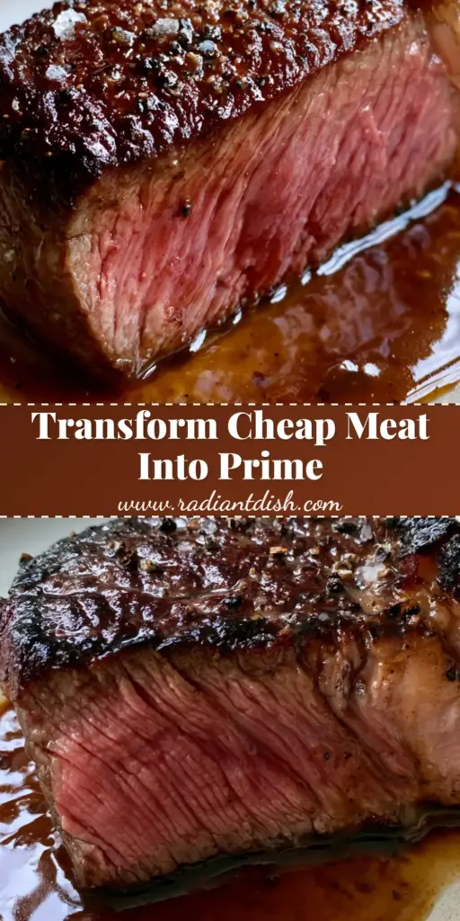 Cheap Meat Marinade for the Juiciest Seared Flank Steak 3 A thick slice of seared flank steak with a pink medium-rare center and a dark mahogany crust, drizzled with a cheap meat marinade.