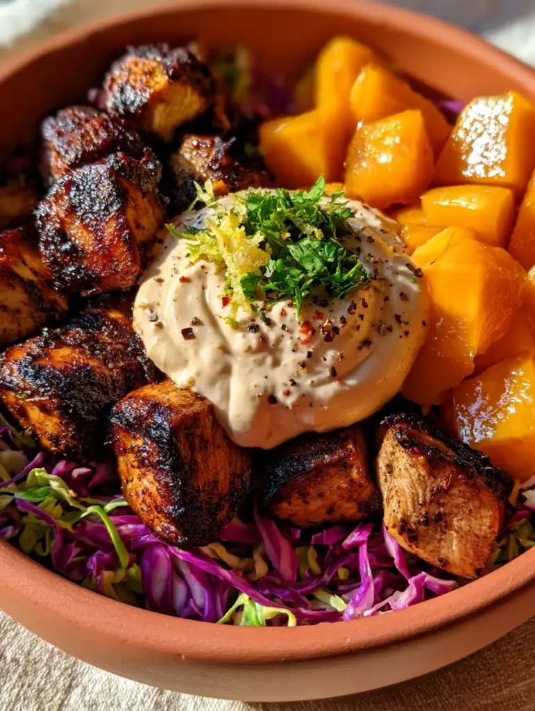 Close-up of pan-seared jerk chicken chunks with a dark spice crust and honey lime crema in Jerk Chicken & Mango Slaw Bowls.