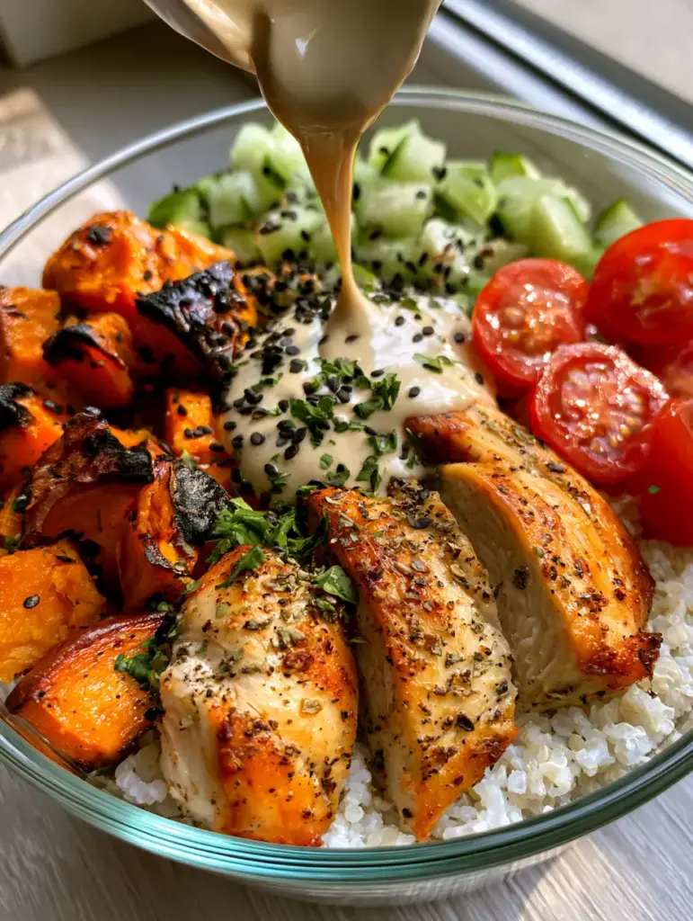 Food Prep Mastery: Seared Chicken and Sweet Potato Quinoa Bowls 1 Oven-roasted sweet potato chunks with caramelized charred edges in a glass container.
