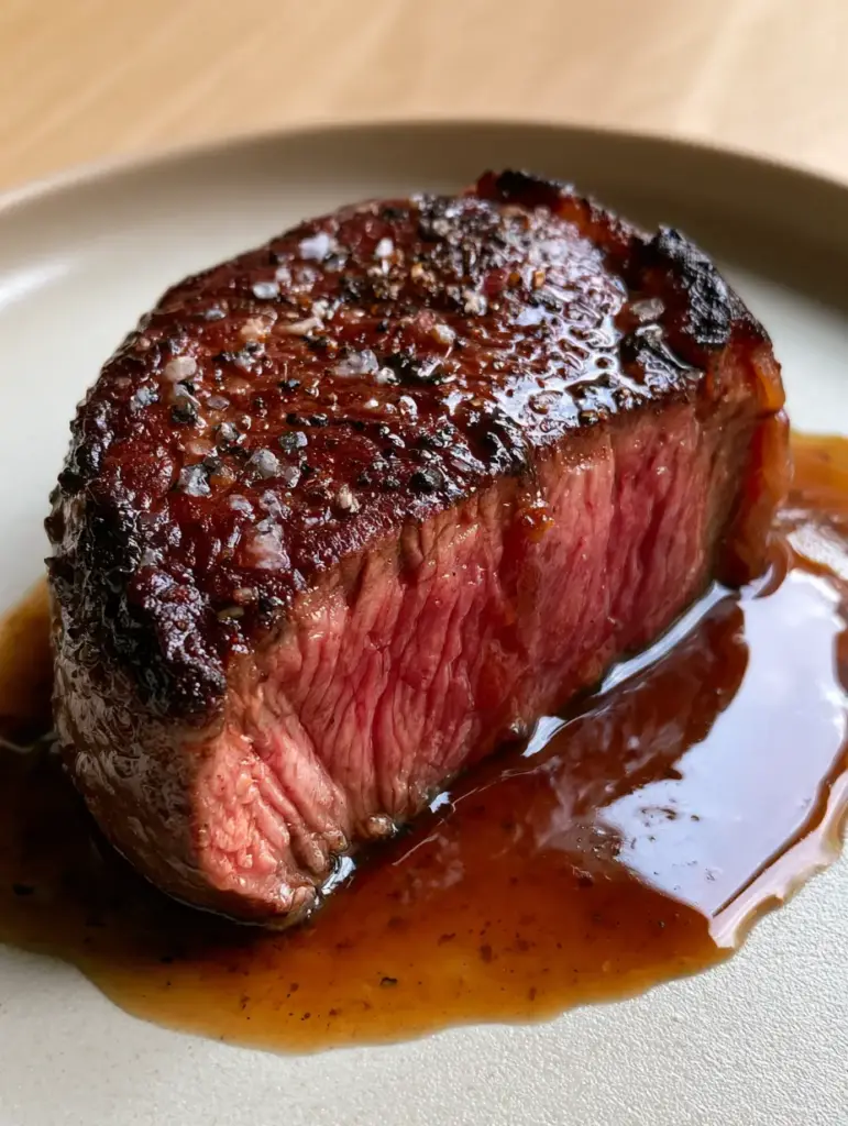 Cheap Meat Marinade for the Juiciest Seared Flank Steak 2 Close-up of a seared steak slice with a glossy brown liquid marinade and coarse sea salt crystals. (cheap meat marinade)