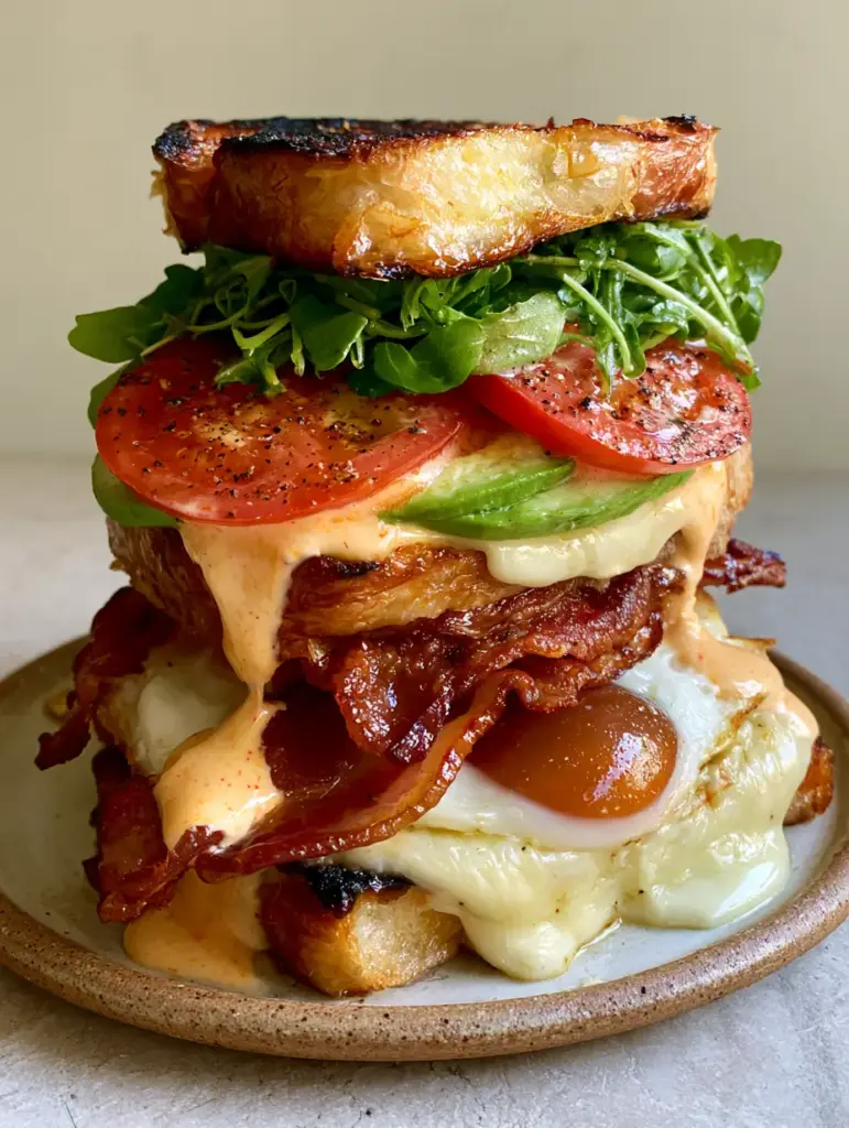Macro shot of a Breakfast Club Sandwich showing layers of salted heirloom tomatoes, fresh arugula, and creamy chipotle hollandaise on charred brioche.