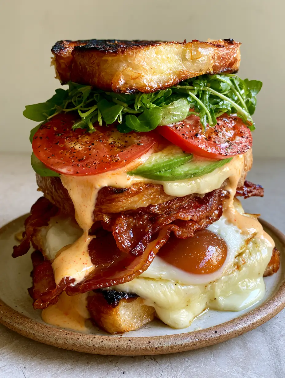 Macro shot of a Breakfast Club Sandwich showing layers of salted heirloom tomatoes, fresh arugula, and creamy chipotle hollandaise on charred brioche.
