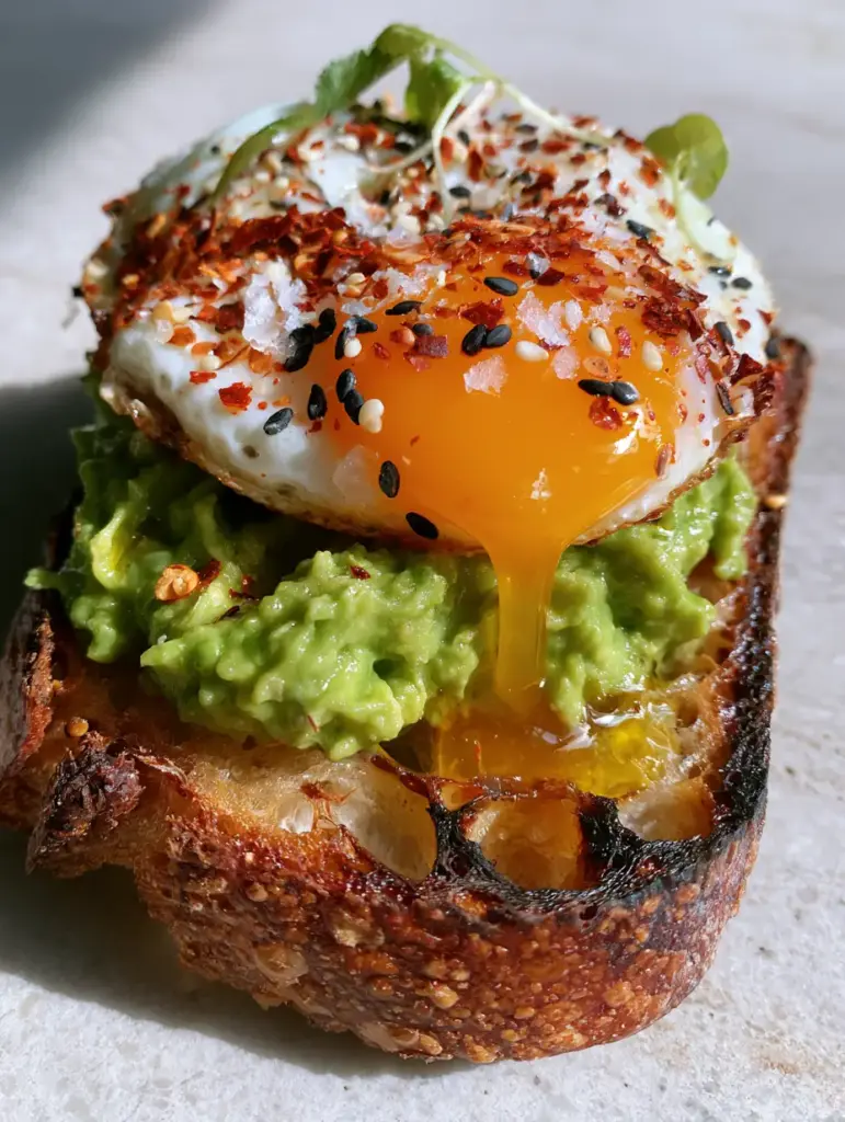 Close-up of toasted sourdough bubbles and chunky emerald avocado for a Breakfast sandwich with avocado.
