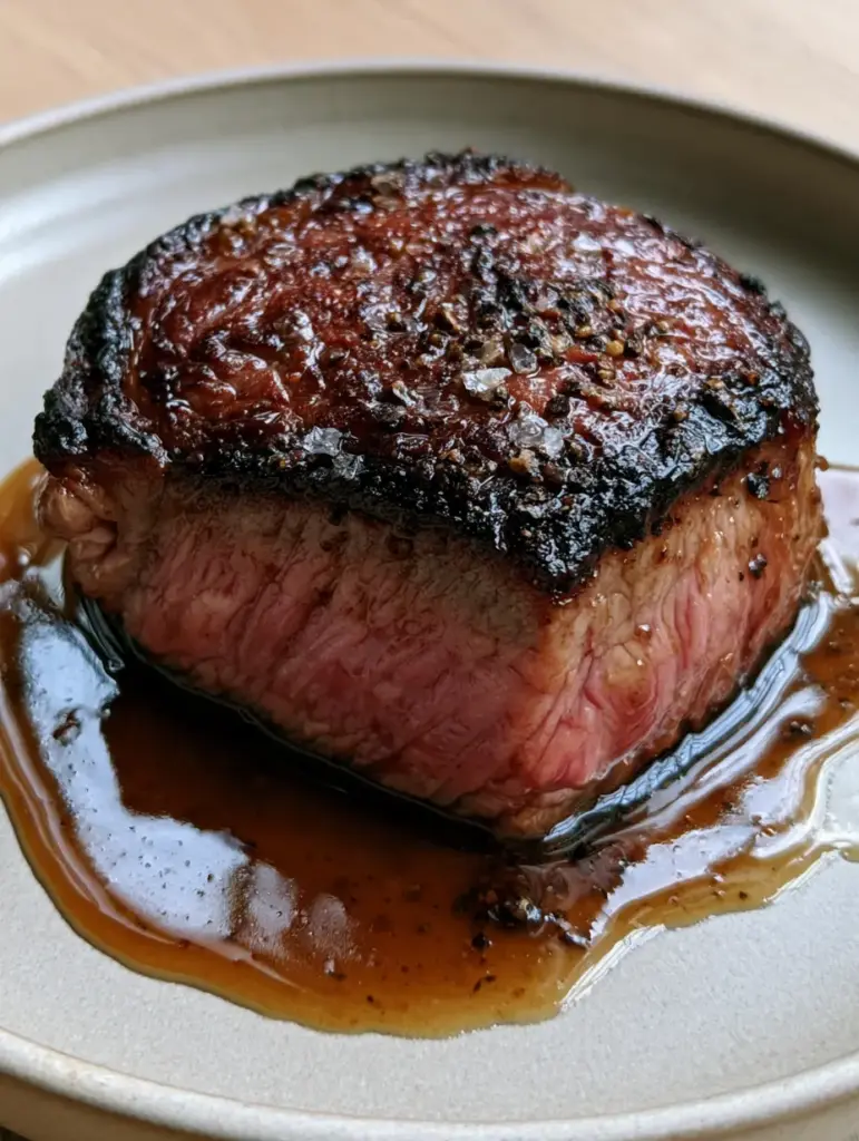 Cheap Meat Marinade for the Juiciest Seared Flank Steak 1 Authentic handheld photo of medium-rare flank steak resting on a white ceramic plate with a glossy dark amber sauce.