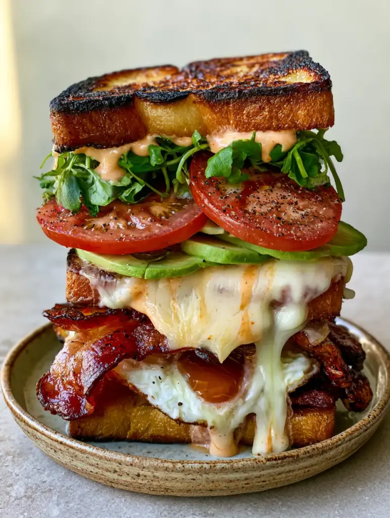 Eye-level view of a Breakfast Club Sandwich with extra-crispy thick-cut peppered bacon and melted sharp white cheddar cascading down the side.