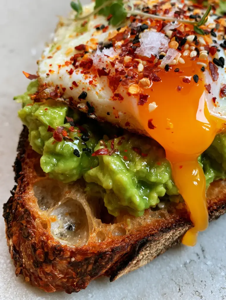 Breakfast sandwich with avocado: The Ultimate Gourmet Sourdough Recipe 1 A jammy egg with a translucent orange yolk cascading down a Breakfast sandwich with avocado.