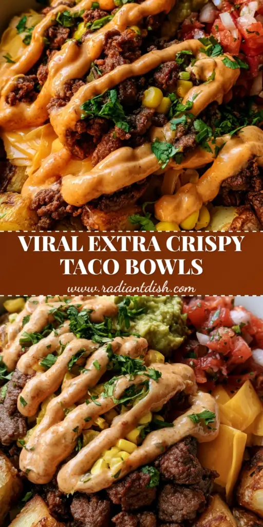 A deep white ceramic bowl filled with extra-crispy roasted potato cubes, seasoned taco beef, melted cheddar cheese, chunky guacamole, and a thick chipotle lime crema drizzle. (Loaded Potato Taco Bowl)