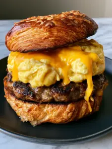 Low-angle close-up of a massive Breakfast Croissant Sandwich showing the deep laminated layers and steam rising from the hot cheese.