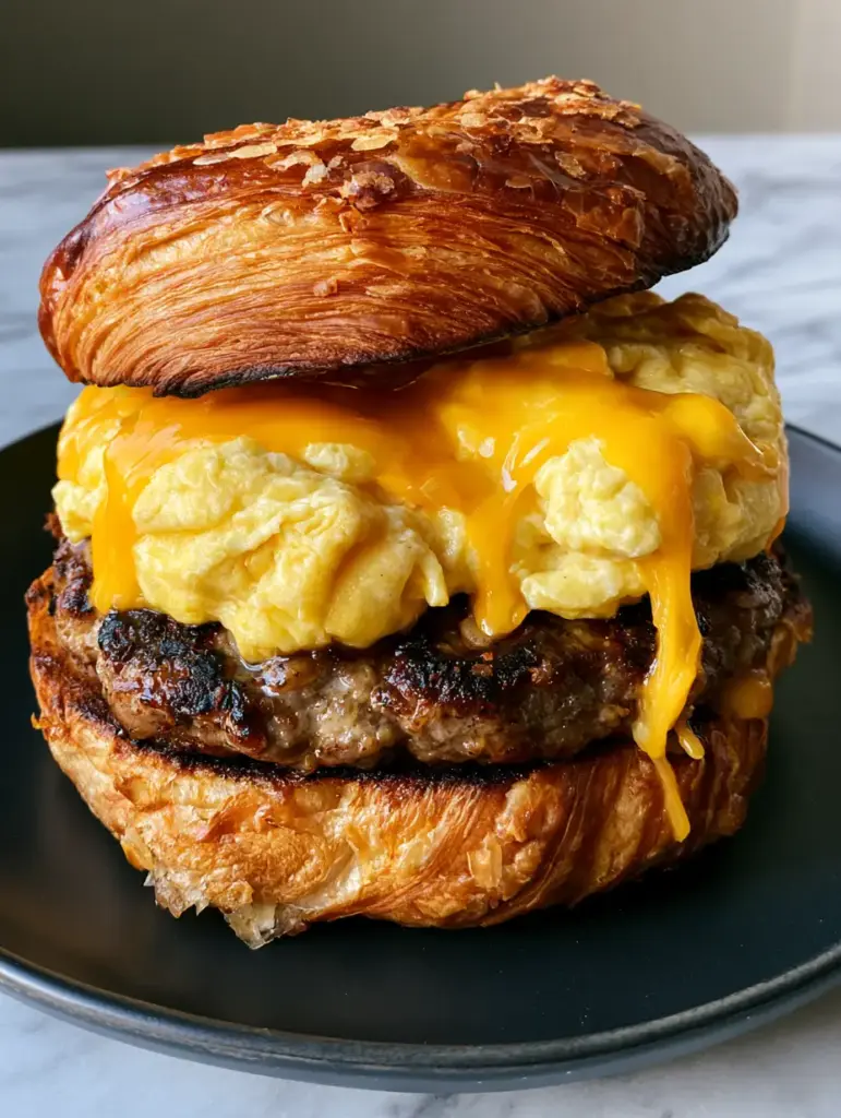 Low-angle close-up of a massive Breakfast Croissant Sandwich showing the deep laminated layers and steam rising from the hot cheese.
