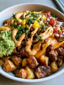 Top-down view of a Loaded Potato Taco Bowl showing craggy golden-brown potatoes and juicy ground beef topped with lime-green guacamole and red pico de gallo.