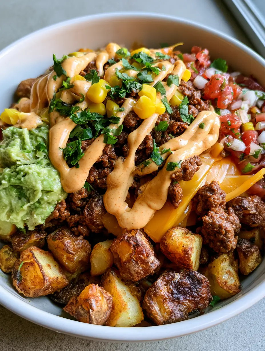 Top-down view of a Loaded Potato Taco Bowl showing craggy golden-brown potatoes and juicy ground beef topped with lime-green guacamole and red pico de gallo.