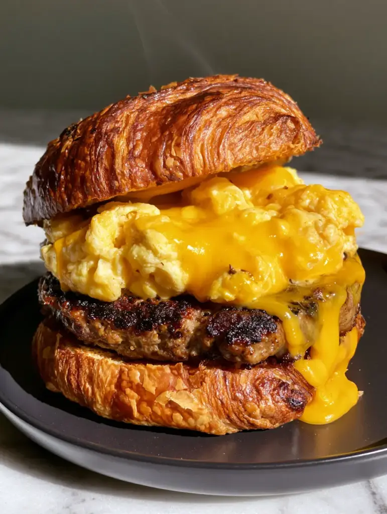 Breakfast Croissant Sandwich: The Ultimate Flaky Morning Masterpiece 1 A close-up of silky folded eggs and melted sharp cheddar cheese dripping down a Breakfast Croissant Sandwich.