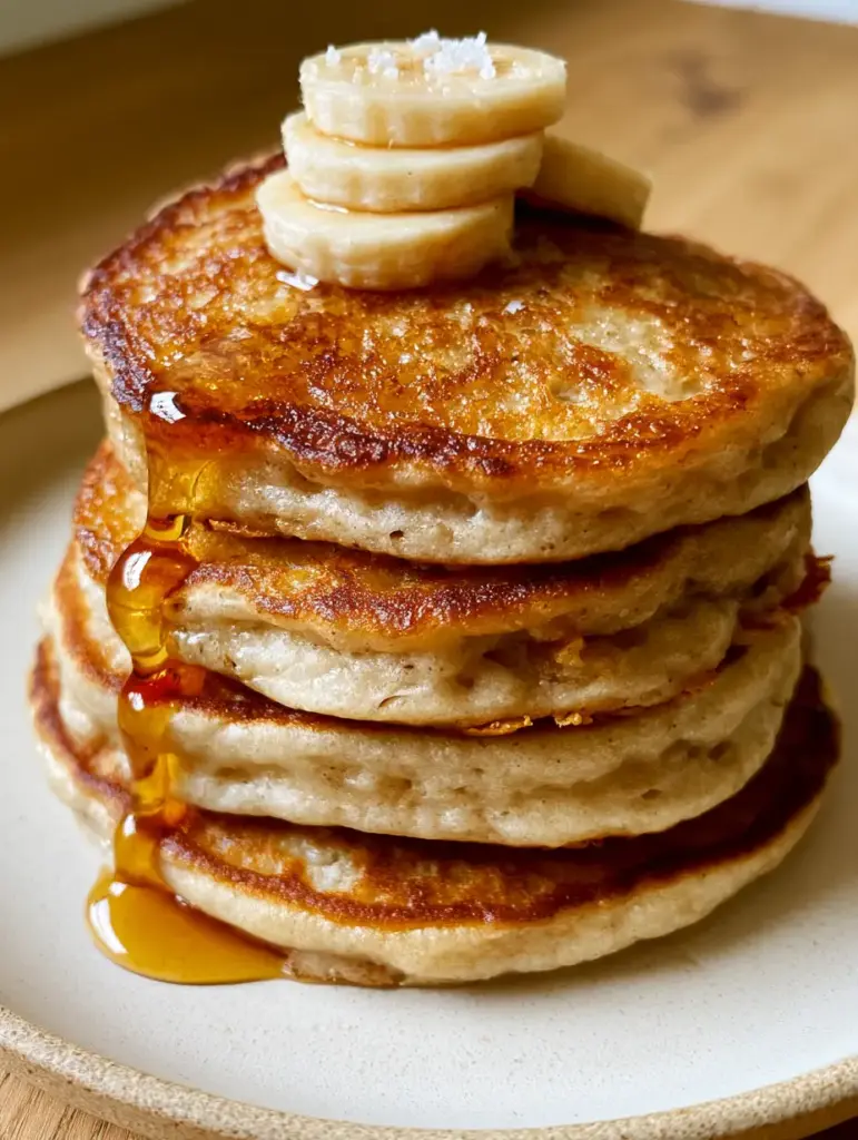 Extreme close up of a tall steaming stack of banana pancakes with lacy edges and maple syrup. (banana pancakes recipe)