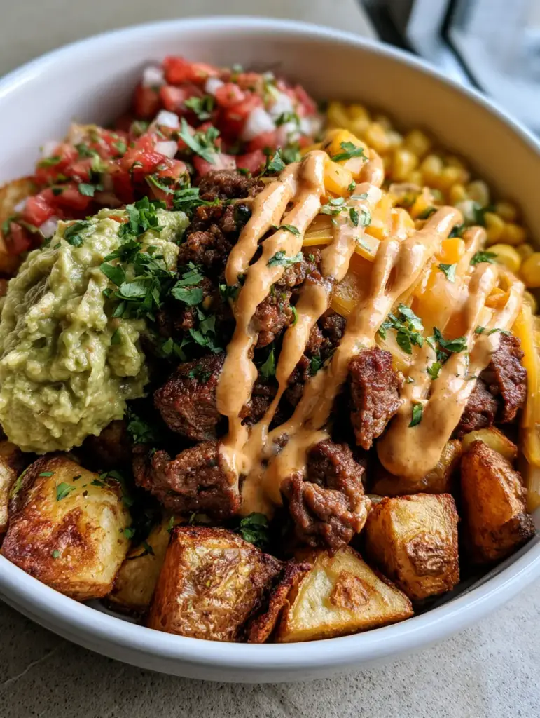 Close-up of thick ribbons of melted sharp cheddar cheese and an artistic zigzag of orange chipotle crema over a Loaded Potato Taco Bowl.