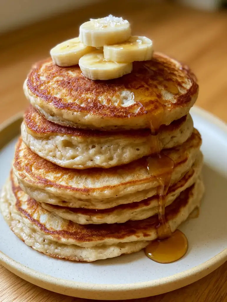 Banana Pancakes Recipe: The Ultimate Tall & Fluffy Stack 1 Side view of golden brown banana pancakes on a matte ceramic plate with banana coins.