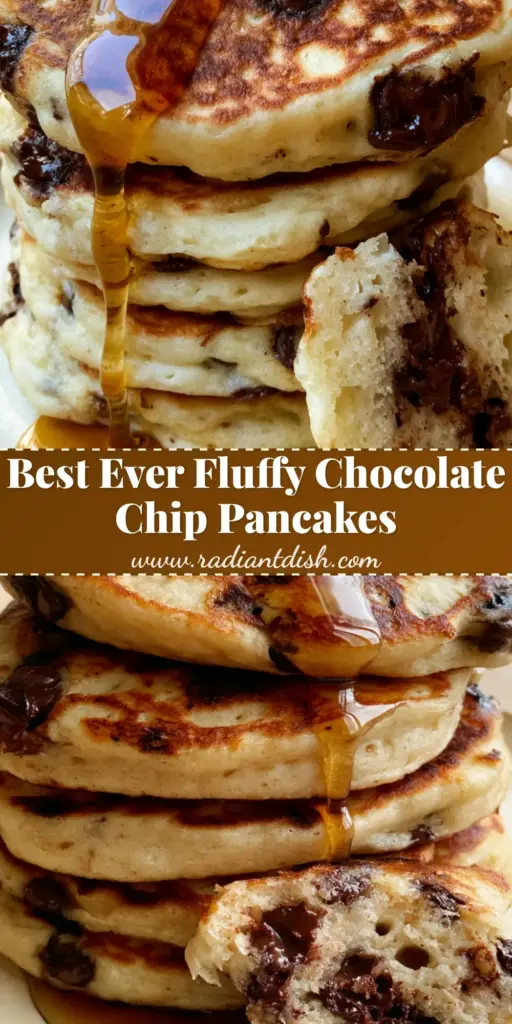 chocolate chip pancakes: The Ultimate Thick and Fluffy Buttermilk Stack 4 A towering stack of five chocolate chip pancakes with melting salted butter and amber maple syrup on a cream plate.