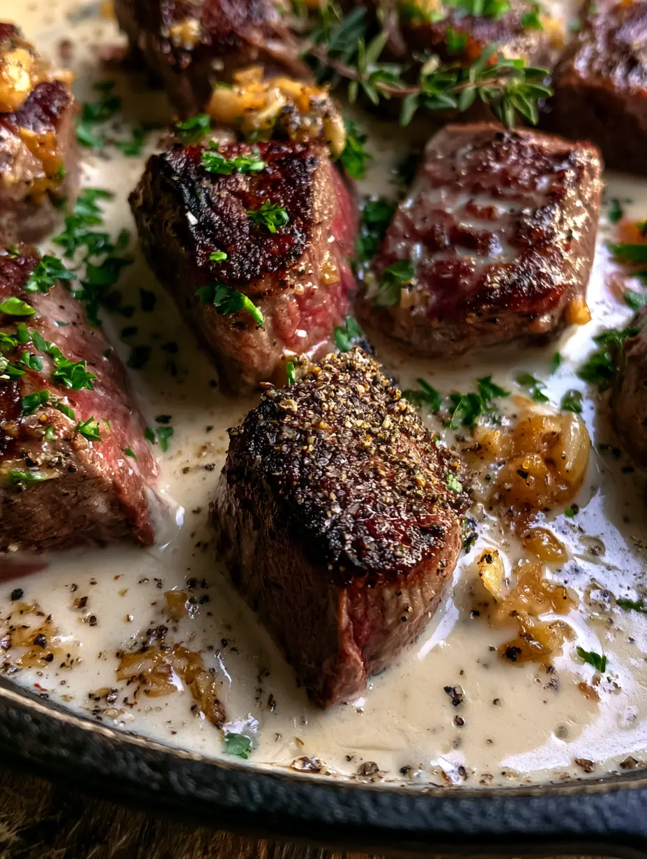 Extreme macro close up of tender ribeye steak bites with a dark sear and reddish-pink centers in Steak with Garlic Cream Sauce.