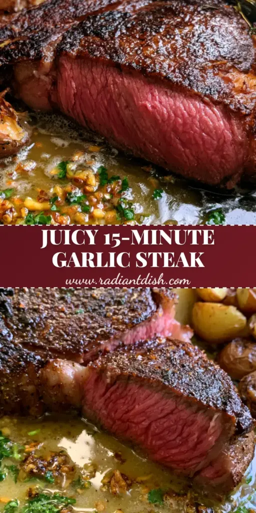Juicy Steak Dinner with Garlic Butter and Blistered Potatoes 4 A perfectly seared ribeye steak with a medium-rare pink center, garlic butter, and blistered baby potatoes. (juicy steak dinner)