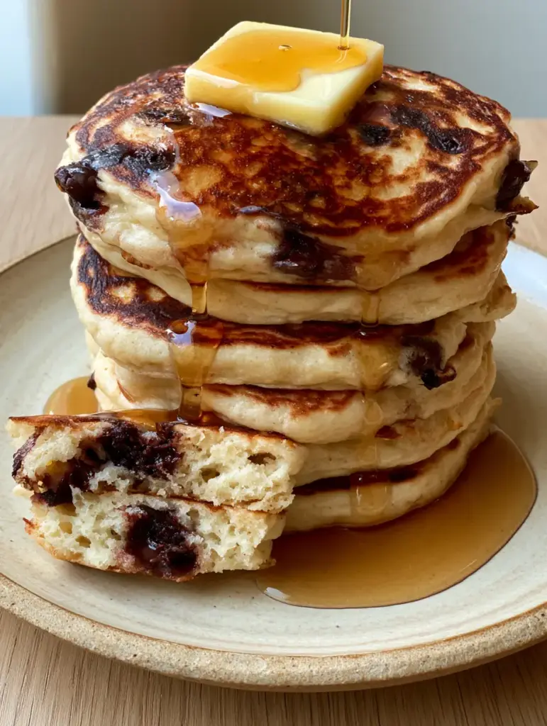 Macro shot of fluffy chocolate chip pancakes showing the airy internal crumb and melted semi-sweet chocolate.