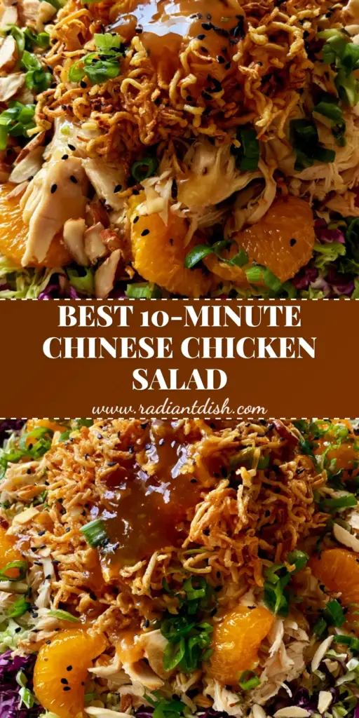 A vibrant Chinese Chicken Salad in a matte white bowl with purple cabbage, toasted ramen, and mandarin oranges. (Chinese Chicken Salad)