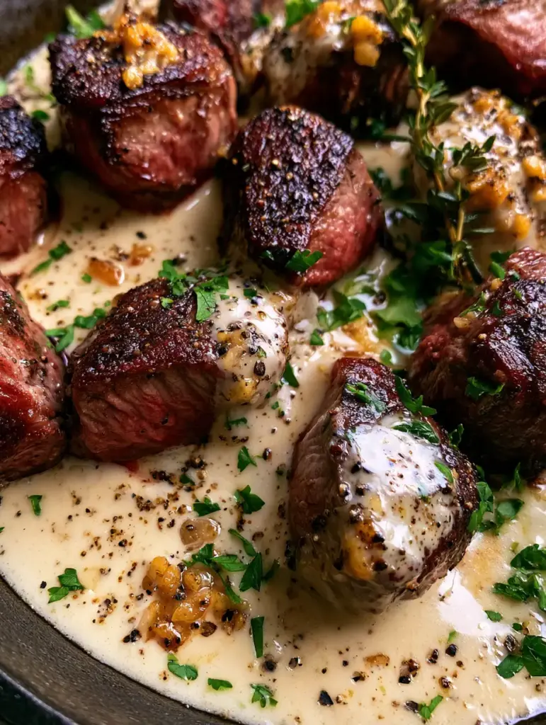 Close up view of Steak with Garlic Cream Sauce showing melted golden butter and toasted garlic bits.