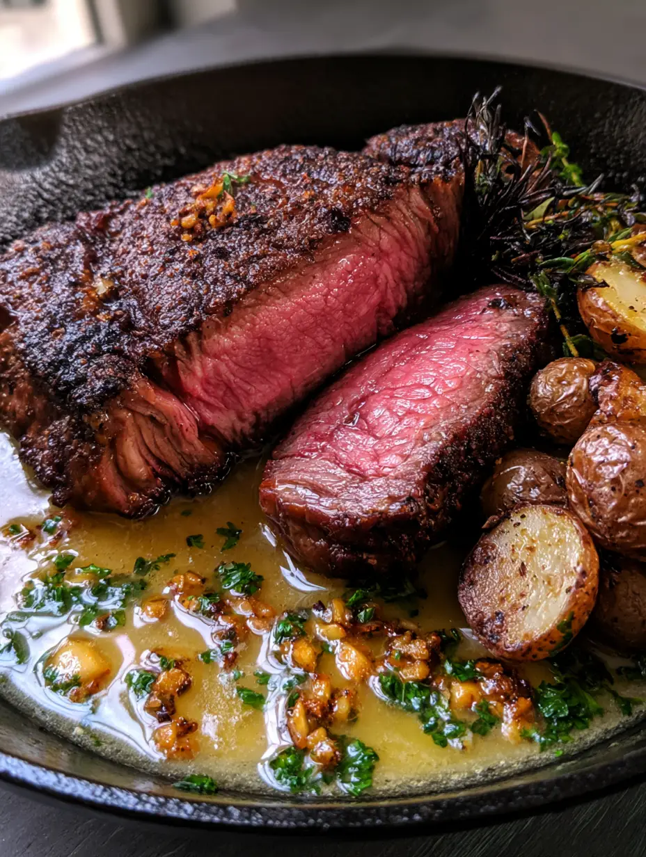 Juicy Steak Dinner with Garlic Butter and Blistered Potatoes 3 Close up of a succulent ribeye steak in a cast iron skillet with bubbling garlic butter and herbs. (juicy steak dinner)