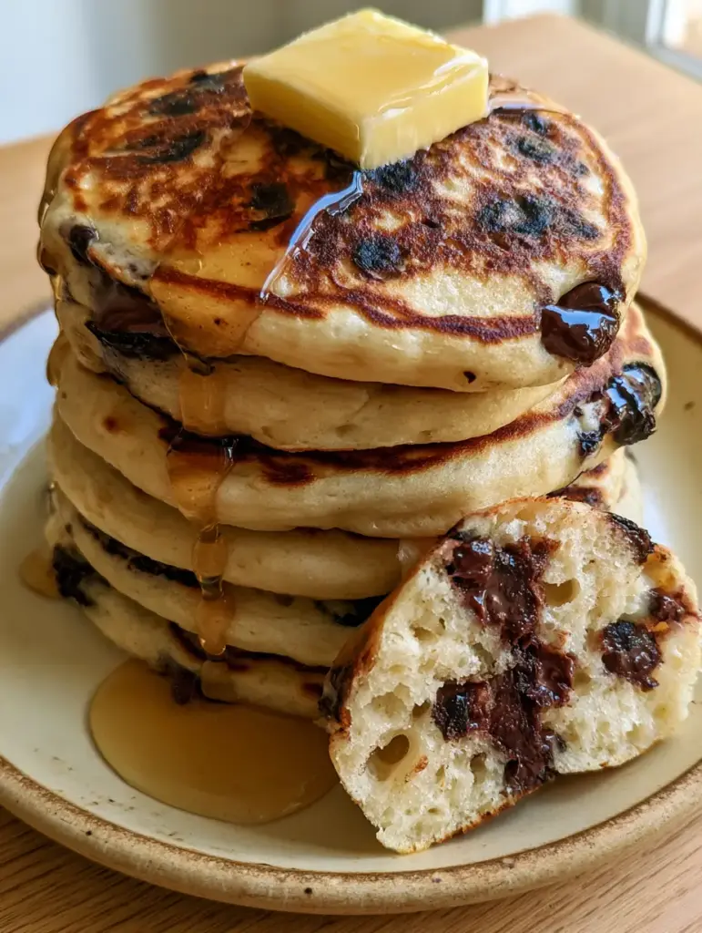 chocolate chip pancakes: The Ultimate Thick and Fluffy Buttermilk Stack 1 Close up of viscous amber maple syrup cascading down a stack of golden brown chocolate chip pancakes.
