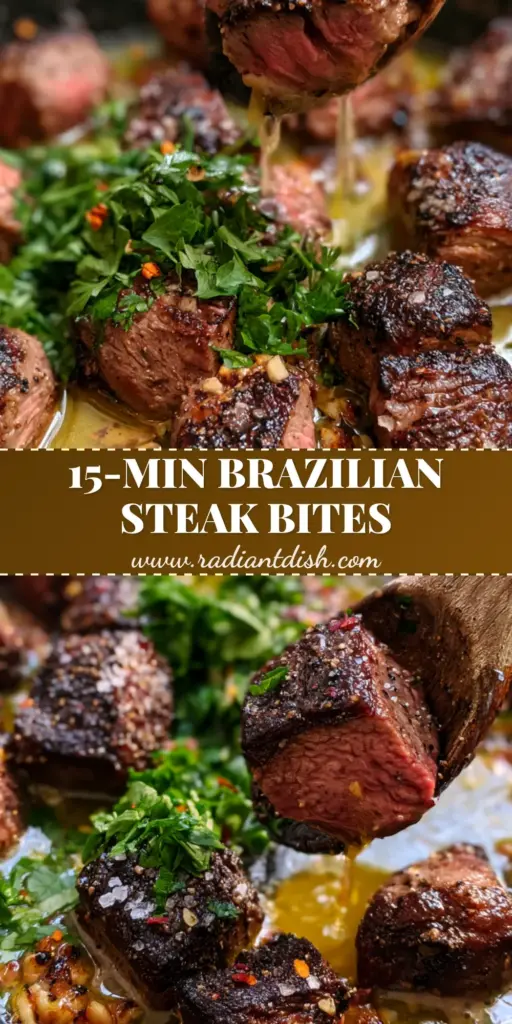 A sizzling cast iron skillet filled with seared picanha bites and garlic butter brazilian steak, topped with parsley and red pepper flakes.