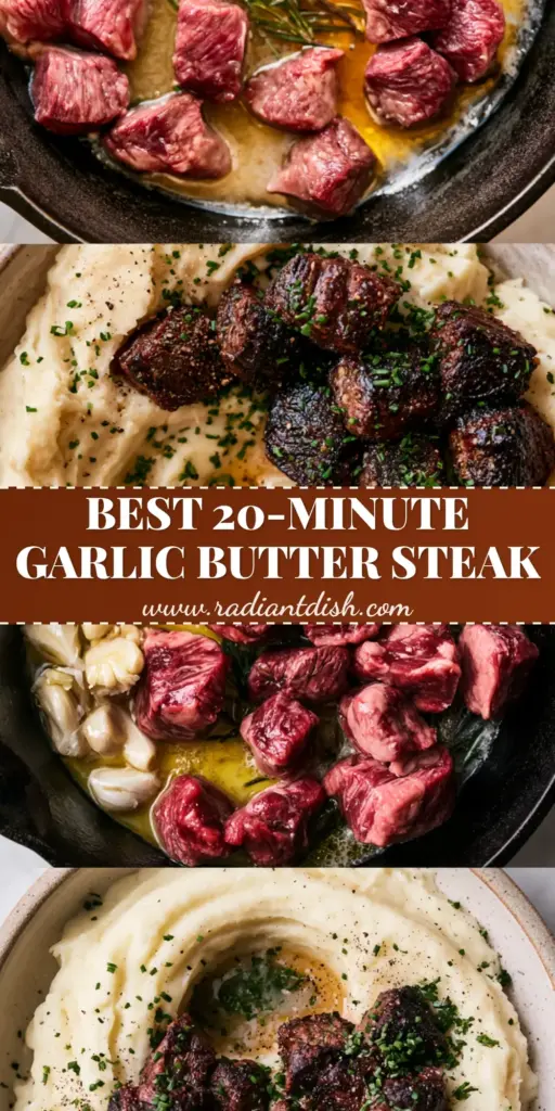 Steak with Mashed Potatoes: Garlic Butter Ribeye Bites 4 A close up of a bowl of steak with mashed potatoes featuring seared ribeye bites and chives.