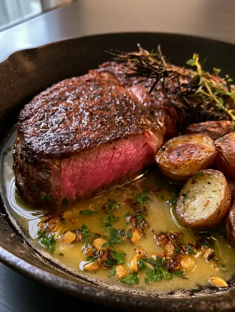 Juicy Steak Dinner with Garlic Butter and Blistered Potatoes 1 Slicing into a juicy steak dinner to reveal a tender pink medium-rare center next to blistered potatoes.