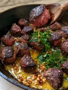 Close up of seared picanha steak bites in a pool of golden garlic butter with toasted garlic bits (garlic butter brazilian steak).