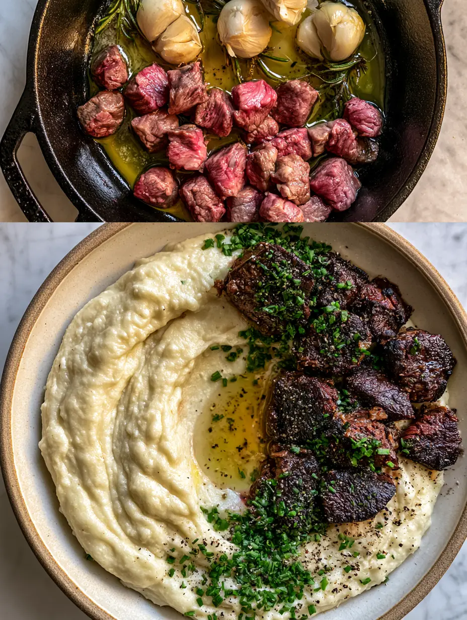 Steak with Mashed Potatoes: Garlic Butter Ribeye Bites 3 Split screen showing raw ribeye steak in a skillet and finished steak with mashed potatoes.