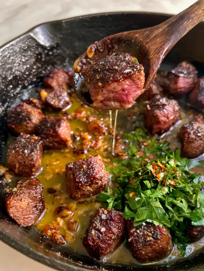 A wooden spoon lifting a juicy medium-rare steak bite from a cast iron skillet of garlic butter brazilian steak.
