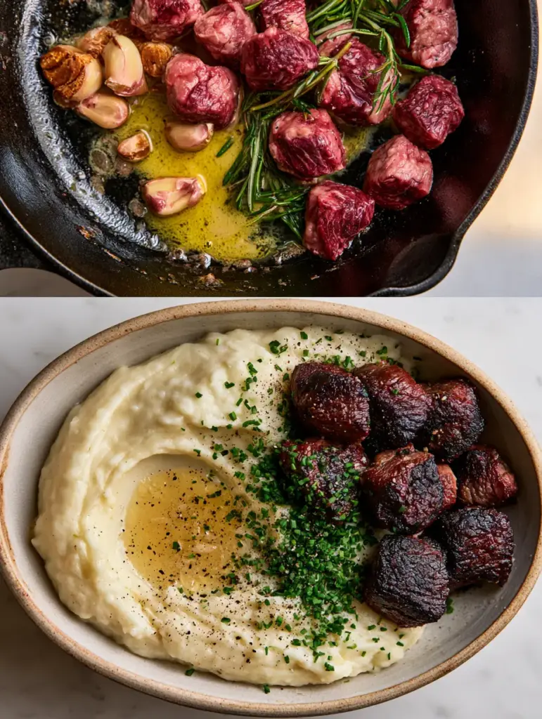 Steak with Mashed Potatoes: Garlic Butter Ribeye Bites 1 A mountain of smooth mashed potatoes topped with garlic butter steak bites and fresh herbs.