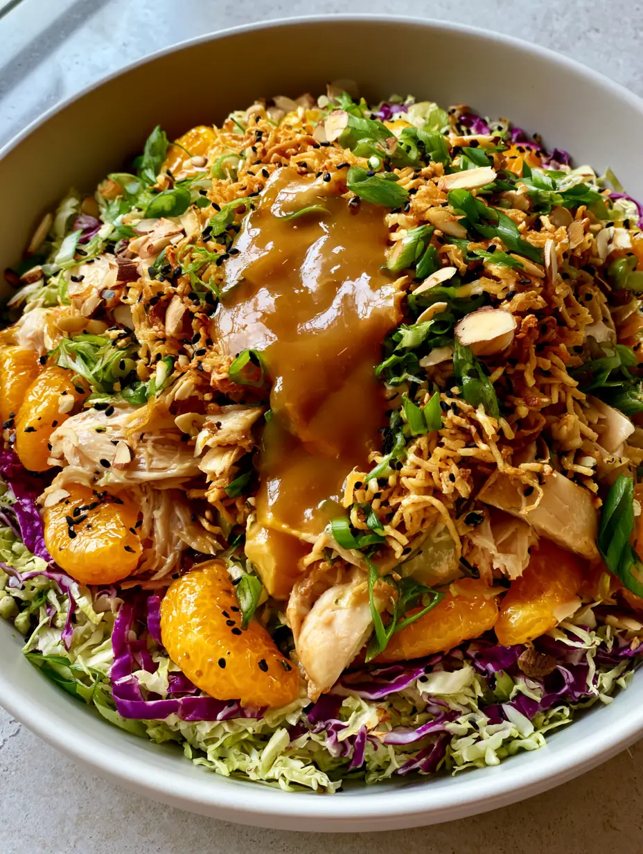 Close-up overhead view of Chinese Chicken Salad showing black sesame seeds and glistening mandarin oranges. (Chinese Chicken Salad)