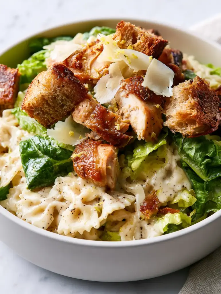 Chicken Caesar Pasta Salad with Hand-Torn Rotisserie Chicken and Sourdough Croutons 1 A close-up of deep amber sourdough croutons and translucent parmesan shavings on top of an emerald-green romaine Chicken Caesar Pasta Salad.